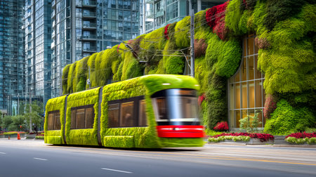 Tram travels smoothly along urban street against backdrop of vibrant green vertical garden. Modern cityscape with glass buildings and foliage highlight sustainable architecture.の素材
