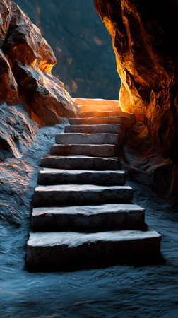 Steps carved into rugged mountain slope ascend toward warm distant light. Dramatic natural scenery evokes exploration and progress. Concept of adventure, outdoor activities, personal growth.の素材