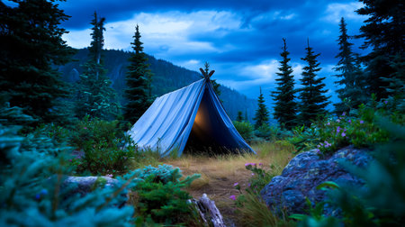 Tent glows softly as dusk settles over tranquil forest scenery. Lush green trees surround campsite with distant mountains framing background. Concept of outdoor adventure, camping, nature exploration.の素材