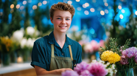 Floral shop assistant smiling at camera while arranging flowers. Bright and colorful setting with vivid floral displays and soft blue lighting.の素材