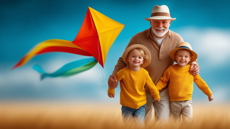 Grandfather smiles while holding hands with two children as they fly a colorful kite in a sunny field. Clear blue sky adds to the cheerful atmosphere of family engagement.の素材