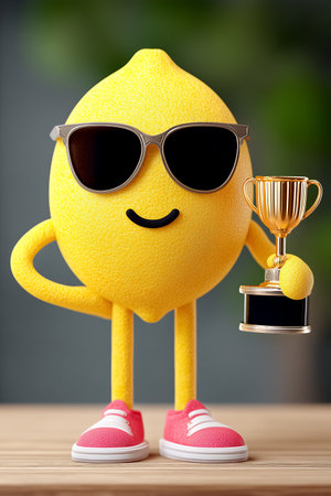 Cute 3D lemon character holds trophy while wearing sunglasses. Bright yellow figure stands on wooden surface in celebration. Concept for animation, gaming, fruit-themed branding.の素材