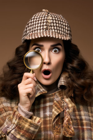 Woman dressed as Sherlock Holmes looks surprised while holding a golden magnifying glass to her eye. Warm autumn lighting creates a cozy atmosphere, enhancing its expressive features.の素材