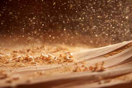 Wood shavings and fine particles drift through sunlit air in woodworking space. Dust settles gently on soft wood surface, showcasing craftsmanship and natural materials.の素材