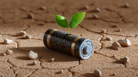 Battery sits on cracked earth with small green plant growing from its center. Dry landscape highlights environmental challenges. Concept of renewable energy, sustainability, innovation.の素材
