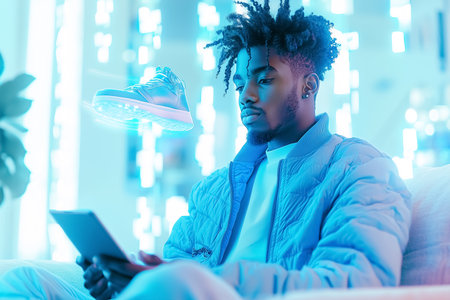 Young man browsing sneaker store on tablet with floating holographic sneaker display. Brightly lit modern living room with potted plant and coffee table.の素材