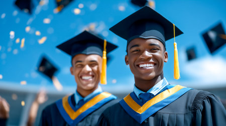 Two joyful graduates wear caps and gowns, smiling with excitement as confetti falls around them. Bright blue sky creates a cheerful, uplifting atmosphere. Concept of education, achievement, ceremonies.の素材