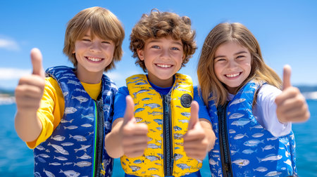 Three children give thumbs up while wearing colorful life jackets. Bright sunny day by the beach with clear blue water creates a joyful atmosphere.の素材