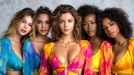 Five women pose confidently together, displaying bright and colorful outfits in a warm-toned setting. Their camaraderie highlights contemporary fashion and personal style.の素材