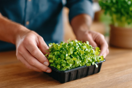 Hands gently grasp fresh microgreens in a black container. Bright green plants showcase healthy growth in a kitchen or culinary setting. Concept of gardening, food preparation, nutrition.の素材