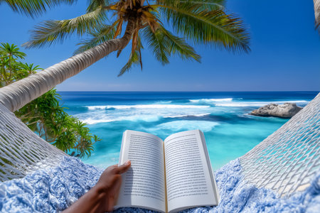 Person lounges in a hammock, reading a book under palm trees. Bright blue ocean waves crash nearby, creating a serene coastal atmosphere. Concept of vacation, relaxation, beach reading.の素材