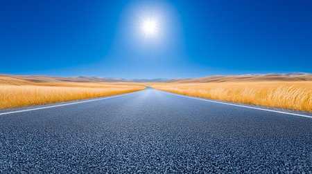 Bright sun casts light on winding road stretching through golden fields. Clear blue sky enhances vast landscape. Concept of travel, exploration, outdoor adventure.の素材