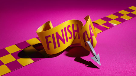 Finish line ribbon shatters as arrow glides through, showcasing triumph and goal completion. Bright pink minimalist background emphasizes energetic action. Concept of sports, competition, achievement.の素材