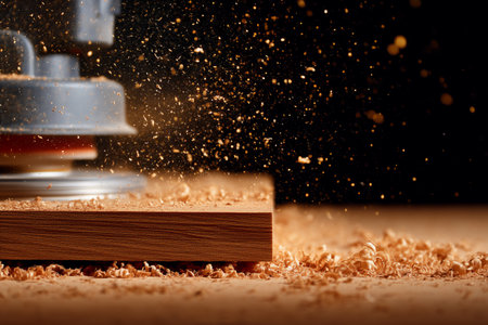 Router in action shaping wood panel, creating shavings in a well-equipped workshop. Clean and organized workspace highlights craftsmanship. Concept of woodworking, carpentry, DIY projects.の素材