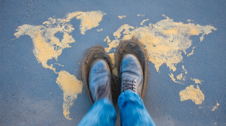 Person stands on creative world map illustration in muddy boots. Urban setting on textured pavement with a focus on exploration. Concept of travel, adventure, geography.の素材