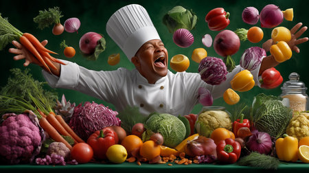 Chef joyfully throws colorful vegetables in lively kitchen setting. Bright atmosphere with fresh produce highlights dedication to culinary arts. Concept of restaurants, cooking classes, food blogs.の素材