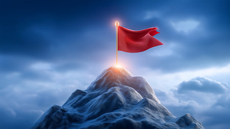Flag planted atop rocky mountain symbolizes determination and success. Dramatic cloud background enhances heroic atmosphere. Concept of motivation, personal growth, adventure.の素材