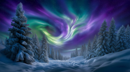 Colorful aurora borealis illuminates snowy forest under starry sky. Majestic swirling hues create a magical atmosphere in the wilderness.の素材