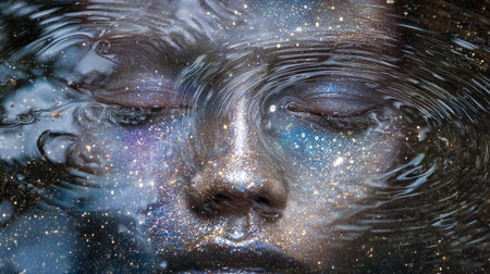 Woman with closed eyes floats in tranquil water, her face adorned with shimmering cosmic reflections. Setting conveys calmness and beauty of night sky. Concept of wellness, self-discovery, meditation.の素材