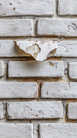 Chipped paint reveals texture on weathered white brick wall showing wear and age. Urban environment with industrial feel, concept of home renovation, interior design, architecture.の素材