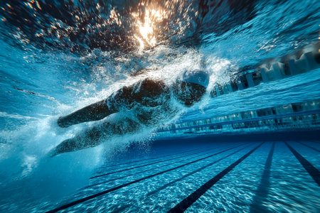 Swimmer propelling through clear blue water with bubbles and splashes. Underwater setting in a competitive swimming pool. Concept of sports, fitness, aquatic training.の素材