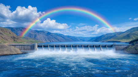 Water flows powerfully over dam creating mist and a vibrant rainbow against a clear blue sky. Scenic mountain landscape surrounds location. Concept of renewable energy, nature conservation, tourism.の素材