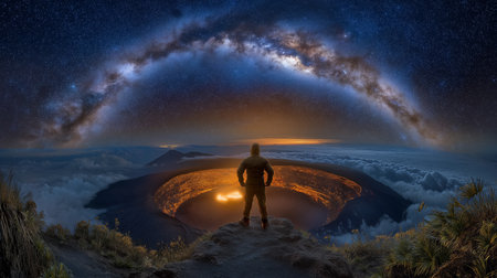 Man gazes at fiery volcanic crater with vivid lava glow. Stunning night sky filled with stars and bright Milky Way creates breathtaking atmosphere. Concept of adventure, travel, nature exploration.の素材