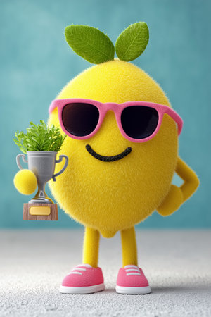Charming chibi lemon character wearing gangster sunglasses holds a champion trophy with a confident smile. Bright blue background creates playful atmosphere.の素材