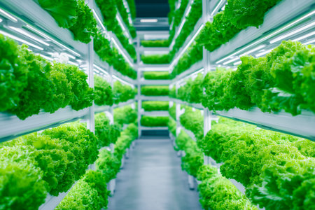 Lettuce grows vigorously under bright artificial lights in vertical farming setting. Organized rows create lush green aesthetic in urban agriculture.の素材