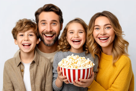 Parents and kids laughing while holding a bowl of popcorn in a light background. Warm atmosphere captures family bonding. Concept of family entertainment, comedy shows, movie nights.の素材