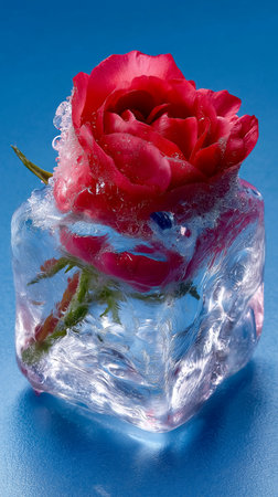 Red rose trapped inside cracked ice cube conveys feelings of isolation and fragility. Icy blue backdrop enhances visual appeal in cold studio setting.の素材