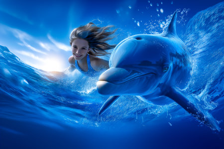 Woman swims close to dolphin in vibrant blue water, both displaying playful energy. Bright sunlight reflects on the surface, highlighting the joyful interaction.の素材
