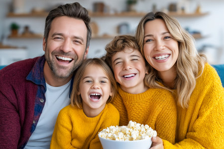 Parents and kids laughing while holding popcorn bowl in warm, inviting living room. Cozy atmosphere with bright lighting. Concept of family entertainment, bonding, celebration.の素材
