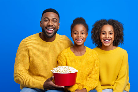 Parents and kids laughing while holding a large popcorn bowl, sharing joy during comedy night. Bright blue background creates fun atmosphere. Concept of entertainment, family bonding, leisure.の素材