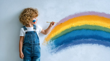 Child happily paints vibrant rainbow on wall with brush in playful art studio. Bright colors create a cheerful atmosphere, inspiring creativity and imagination.の素材