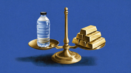 Bottle of water weighing against gold bars on a brass balance scale. Bold blue background enhances the contrast. Concept of finance, resource value, investment opportunities.の素材