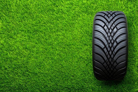 Racing tire positioned on bright green artificial grass creates distinct visual. Clean left space allows for text addition. Concept of automotive, advertising, racing.の素材