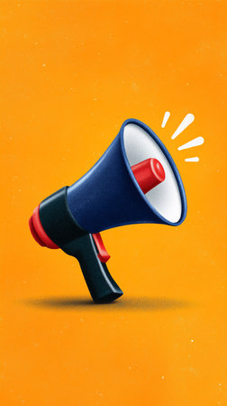 Megaphone emits a glowing speech bubble symbolizing communication and outreach. Bright warm background enhances visual appeal. Concept of marketing, advertising, public relations.の素材