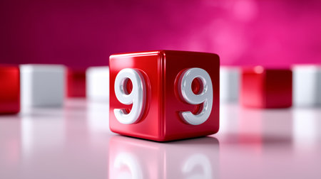 Red cube with number 99 stands out among white cubes, reflecting colorful lights. Bright and dynamic setting creates concepts of data analysis, marketing strategies, business growth.の素材
