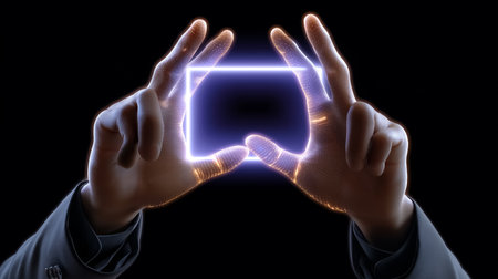 Hands performing sci-fi gestures as if touching a glowing virtual screen. Dark background enhances the futuristic feel. Concept of technology, digital interaction, software development.の素材