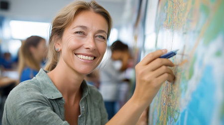 Teacher enthusiastically points at a colorful map while smiling at students in a bright classroom.の素材