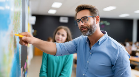 Teacher points at map while informative discussion takes place. Bright classroom filled with attentive students engaged in learning. Concept of education, teaching strategies, classroom dynamics.の素材