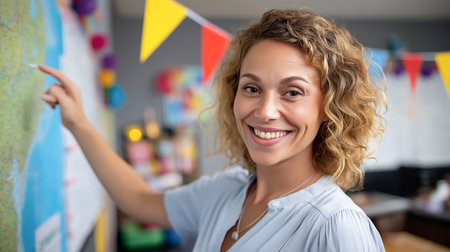 Instructor demonstrates map features while smiling at students on first day in colorful classroom decorated with bunting. Concept of education, teaching, classroom engagement.の素材