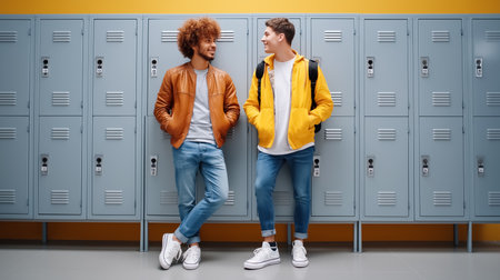 Two diverse boys engage in conversation near gray lockers in a modern school hallway. Bright yellow wall creates lively atmosphere. Concept of education, friendship, youth culture.の素材