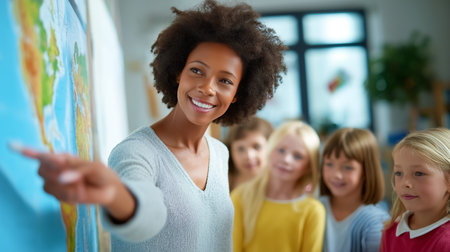 Teacher pointing at map while smiling, engaged with diverse group of students. Bright classroom with learning materials on display. Concept of education, diversity, teamwork.の素材