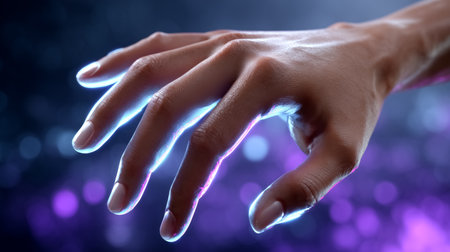 Hand reaching towards glowing virtual screens in dynamic digital environment. Futuristic setting with vibrant colors and high-tech atmosphere. Concept of technology, virtual reality, innovation.の素材