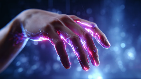 Hand reaching out with glowing electric effects, creating a sci-fi atmosphere. Concept of technology, digital interaction, virtual reality.の素材