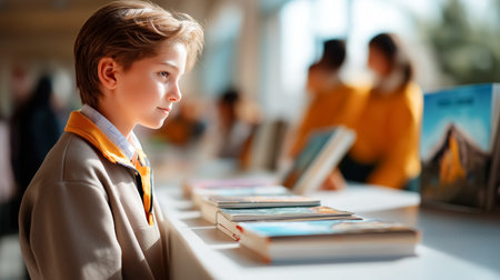 Student observes books during lively school book fair filled with classmates exploring literature. Bright and inviting environment fosters love for reading.の素材