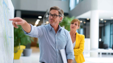 Teacher points to map while engaging with students in bright classroom environment. Professional atmosphere filled with learning opportunities. Concept of education, training, corporate workshops.の素材