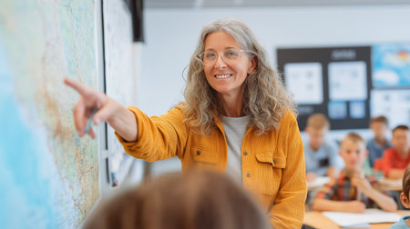 Teacher enthusiastically points at a colorful map while smiling at students in a bright classroom. Cheerful learning environment promotes education, geography, and community.の素材